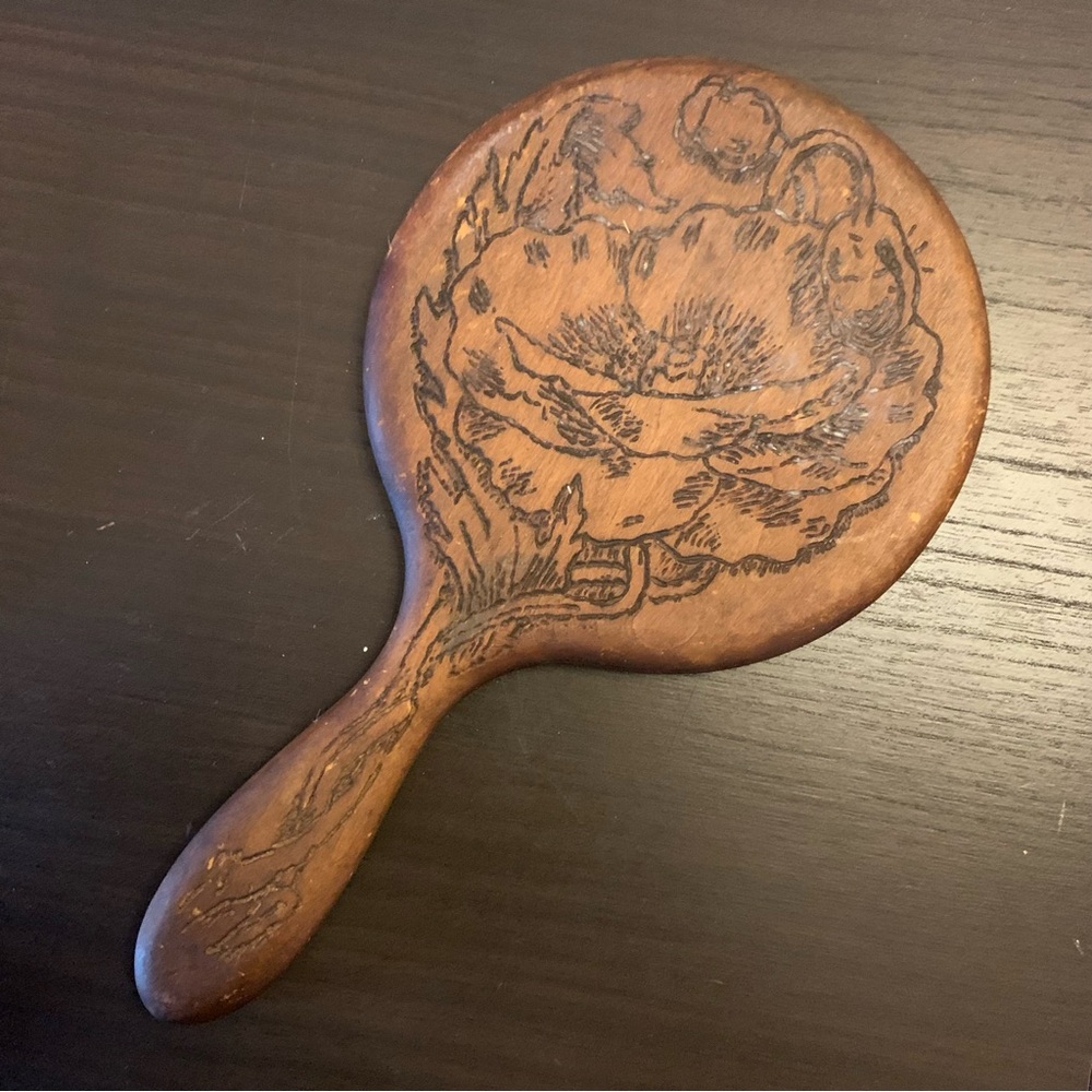 Vintage antique pyrography handheld etched wood mirror